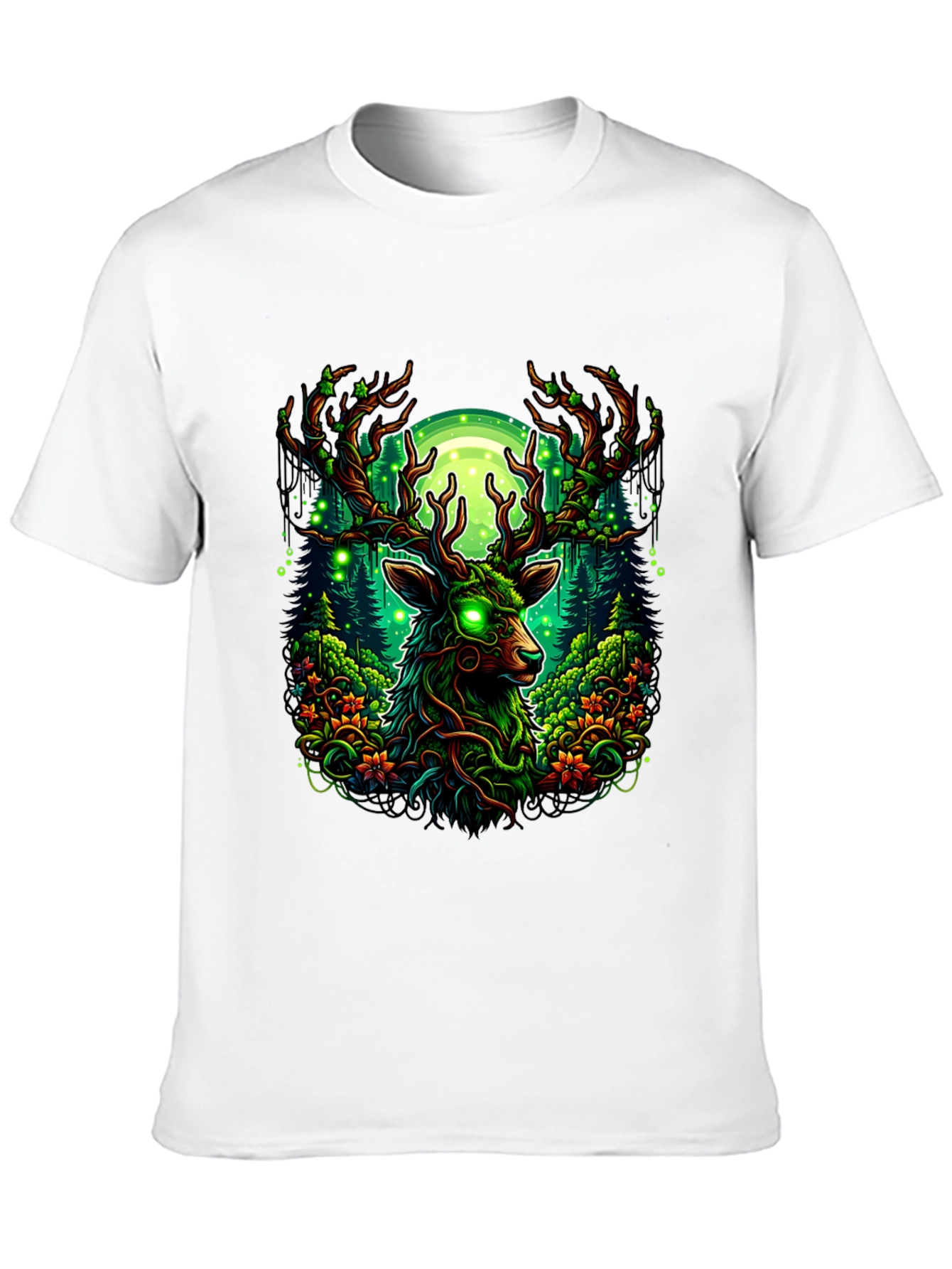 Mystic Deer Forest T-Shirt - Glowing Eyes Design