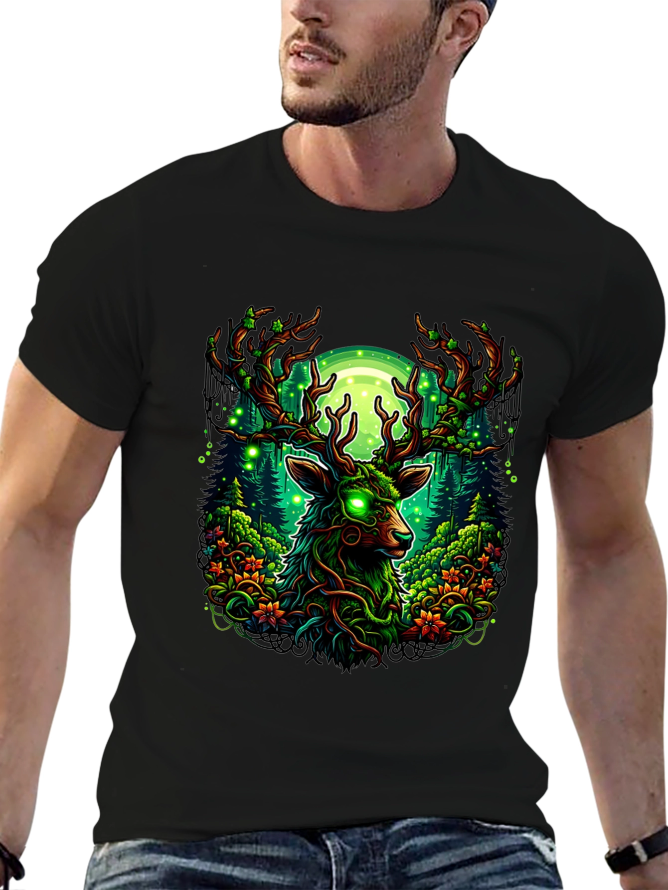 Mystic Deer Forest T-Shirt - Glowing Eyes Design