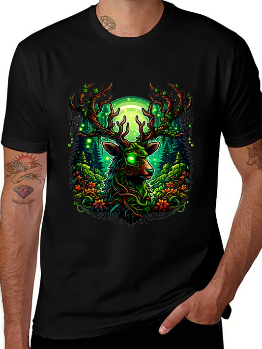 Mystic Deer Forest T-Shirt - Glowing Eyes Design