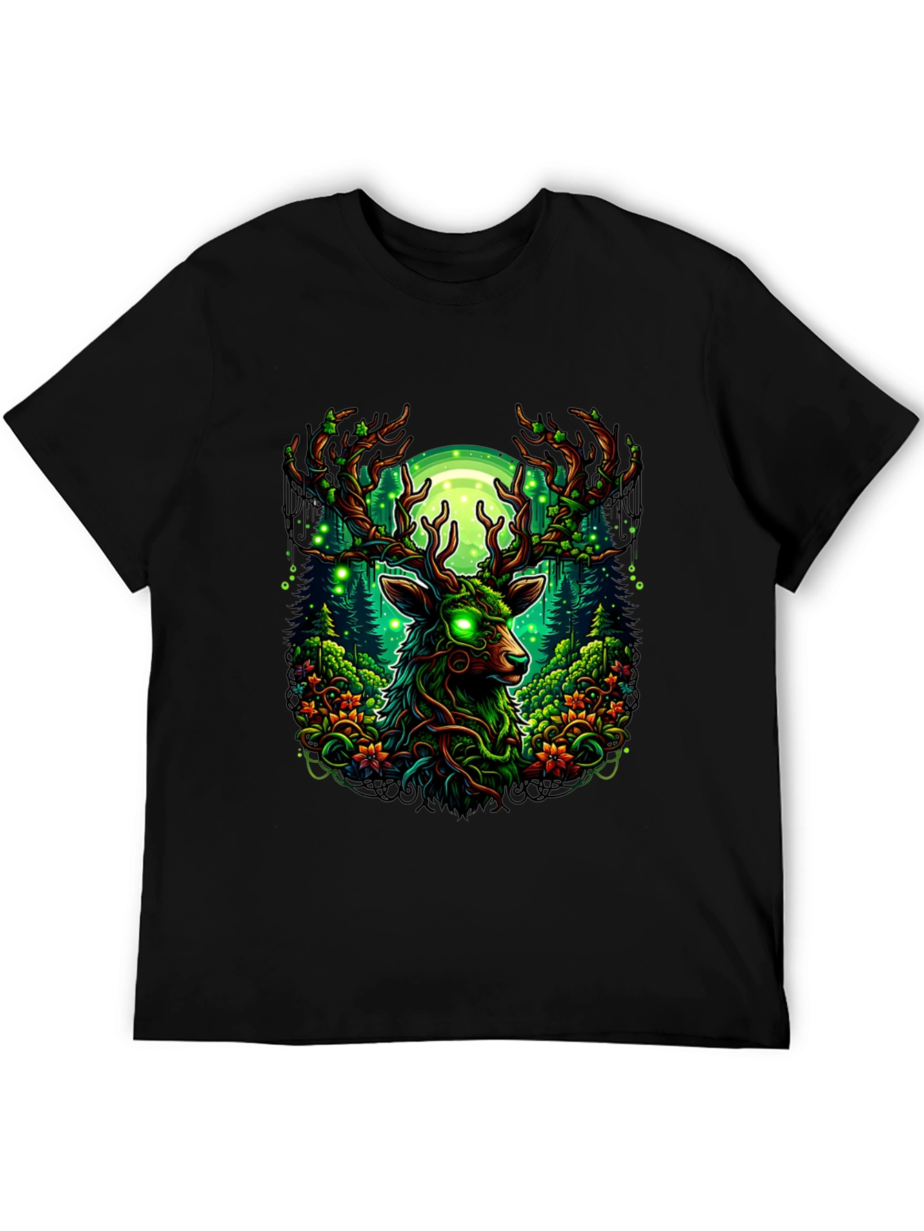 Mystic Deer Forest T-Shirt - Glowing Eyes Design
