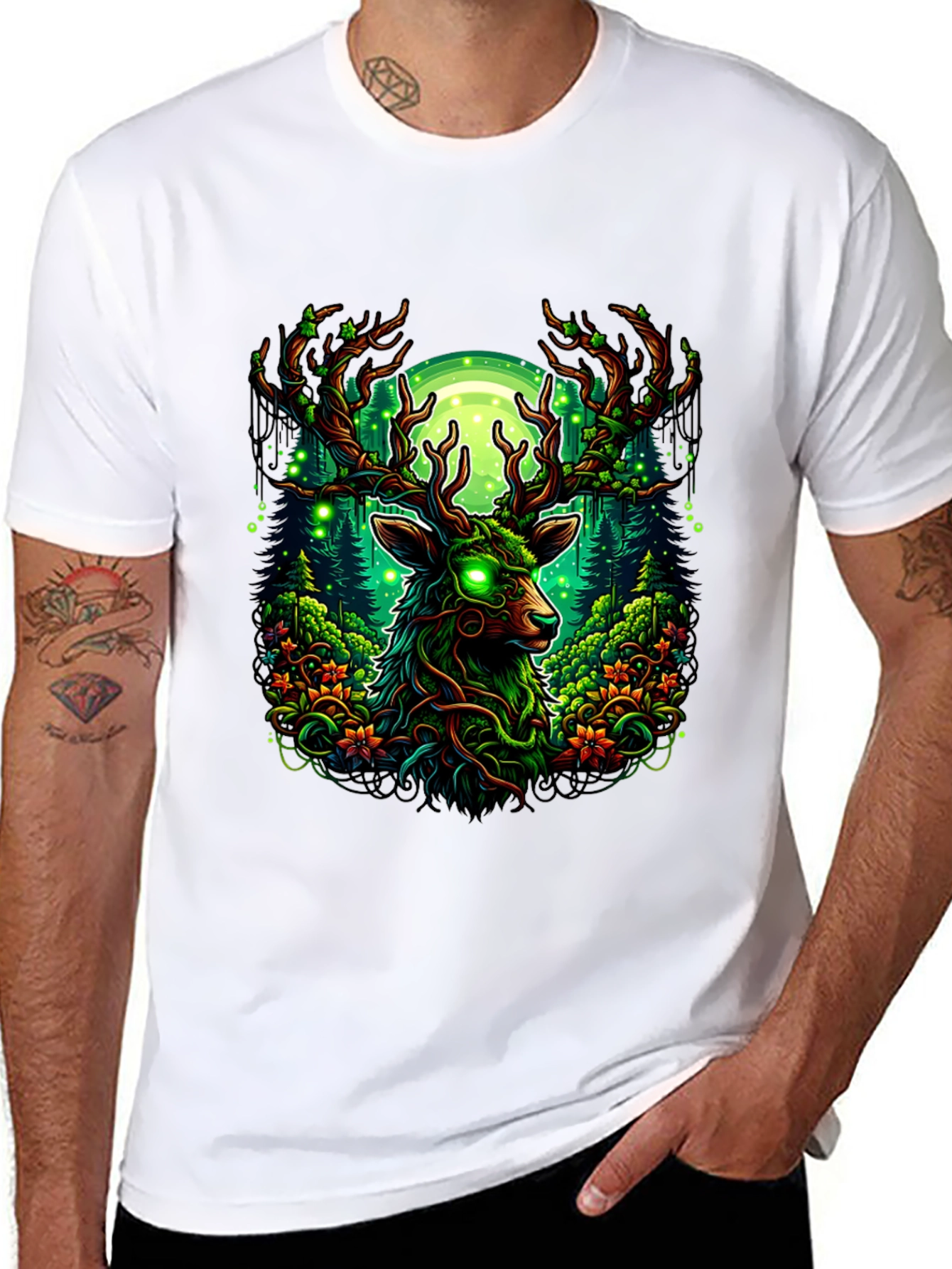 Mystic Deer Forest T-Shirt - Glowing Eyes Design