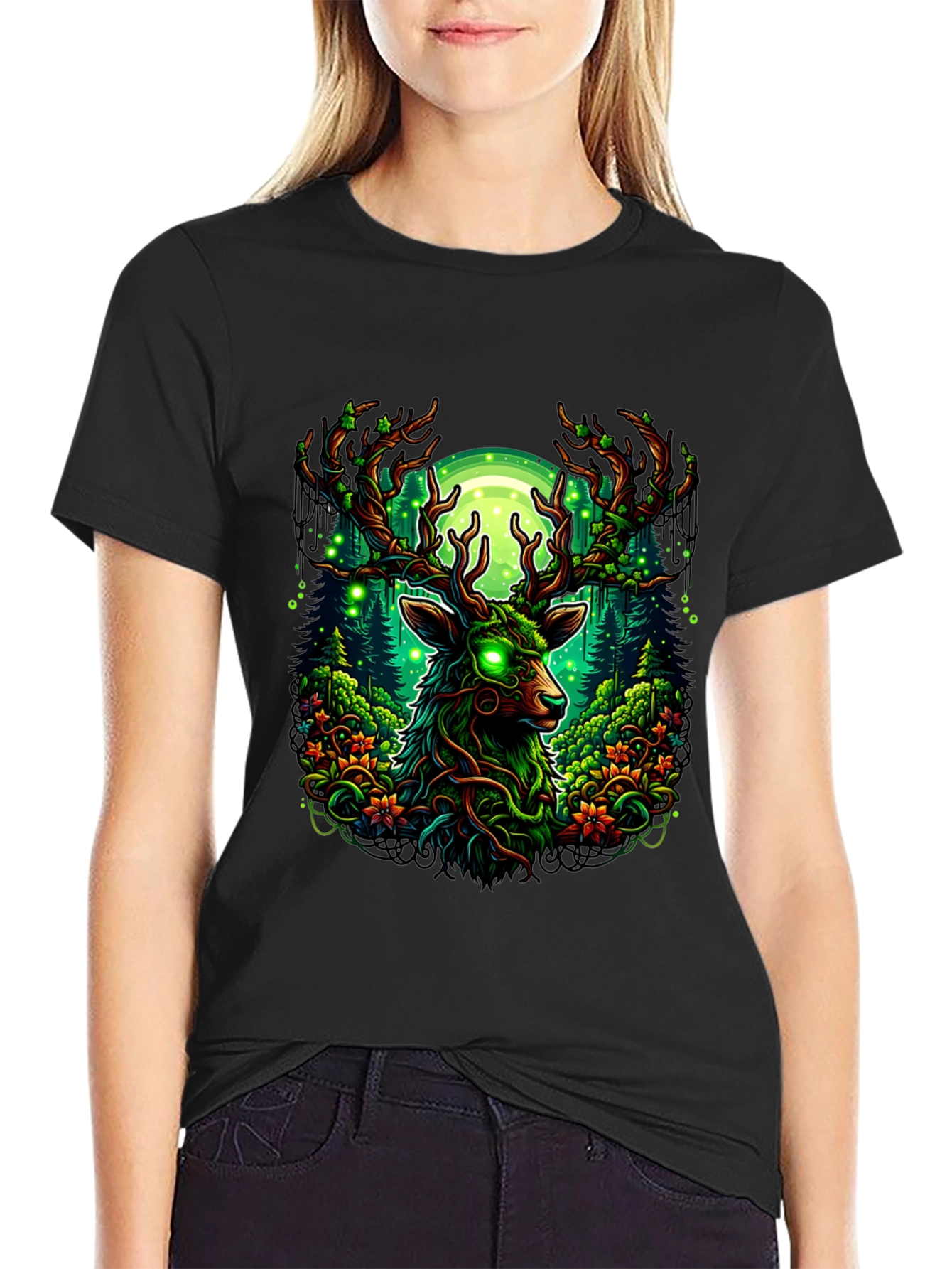Mystic Deer Forest T-Shirt - Glowing Eyes Design