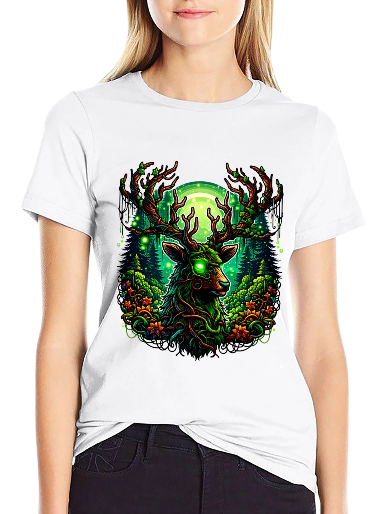Mystic Deer Forest T-Shirt - Glowing Eyes Design