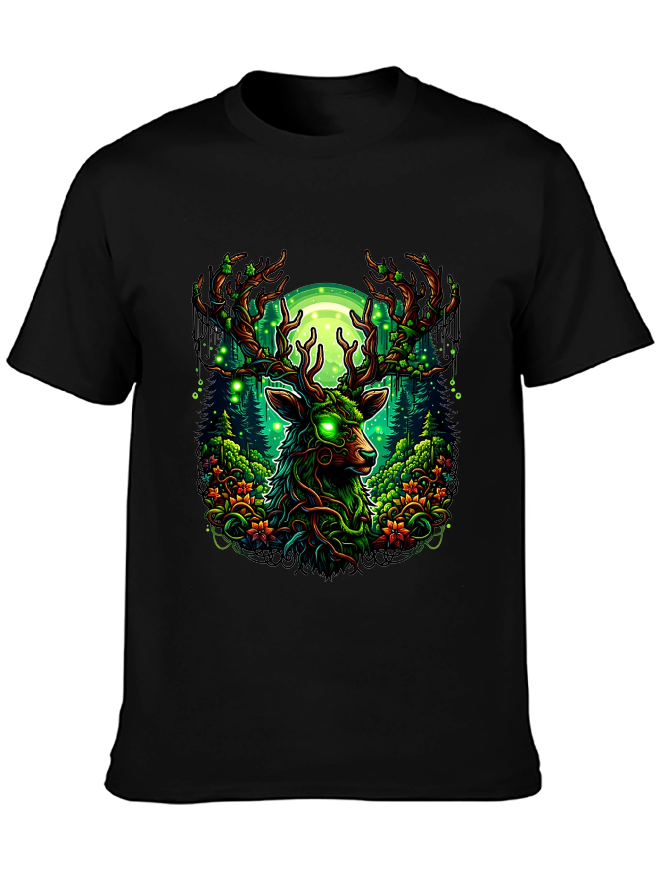 Mystic Deer Forest T-Shirt - Glowing Eyes Design