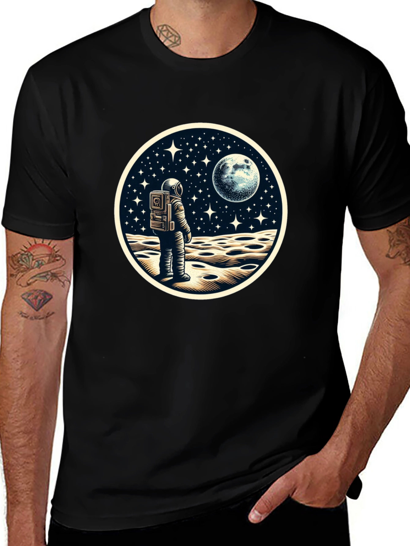 Astronaut Moonscape Graphic Tee - Black Cotton Blend