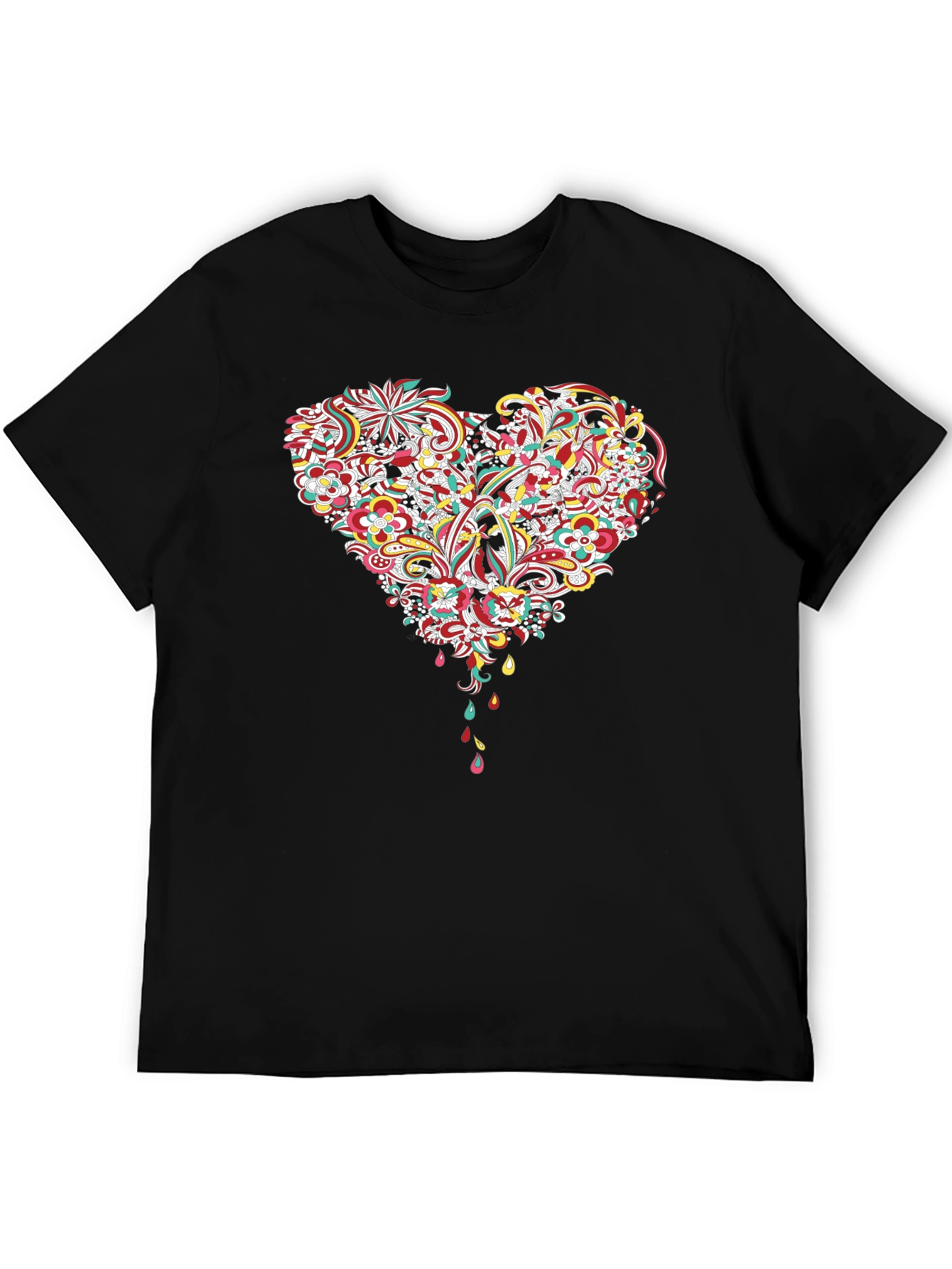 Floral Heart Graphic Tee - Black Cotton T-Shirt