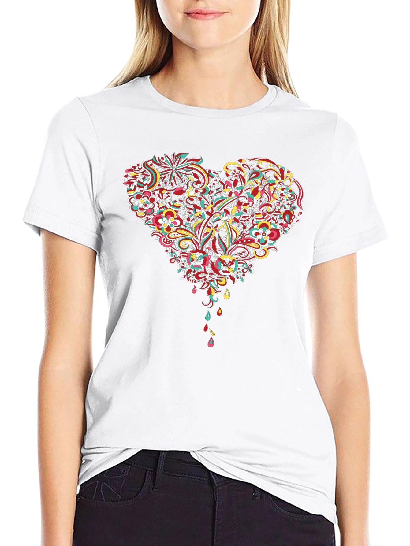 Floral Heart Graphic Tee - Black Cotton T-Shirt
