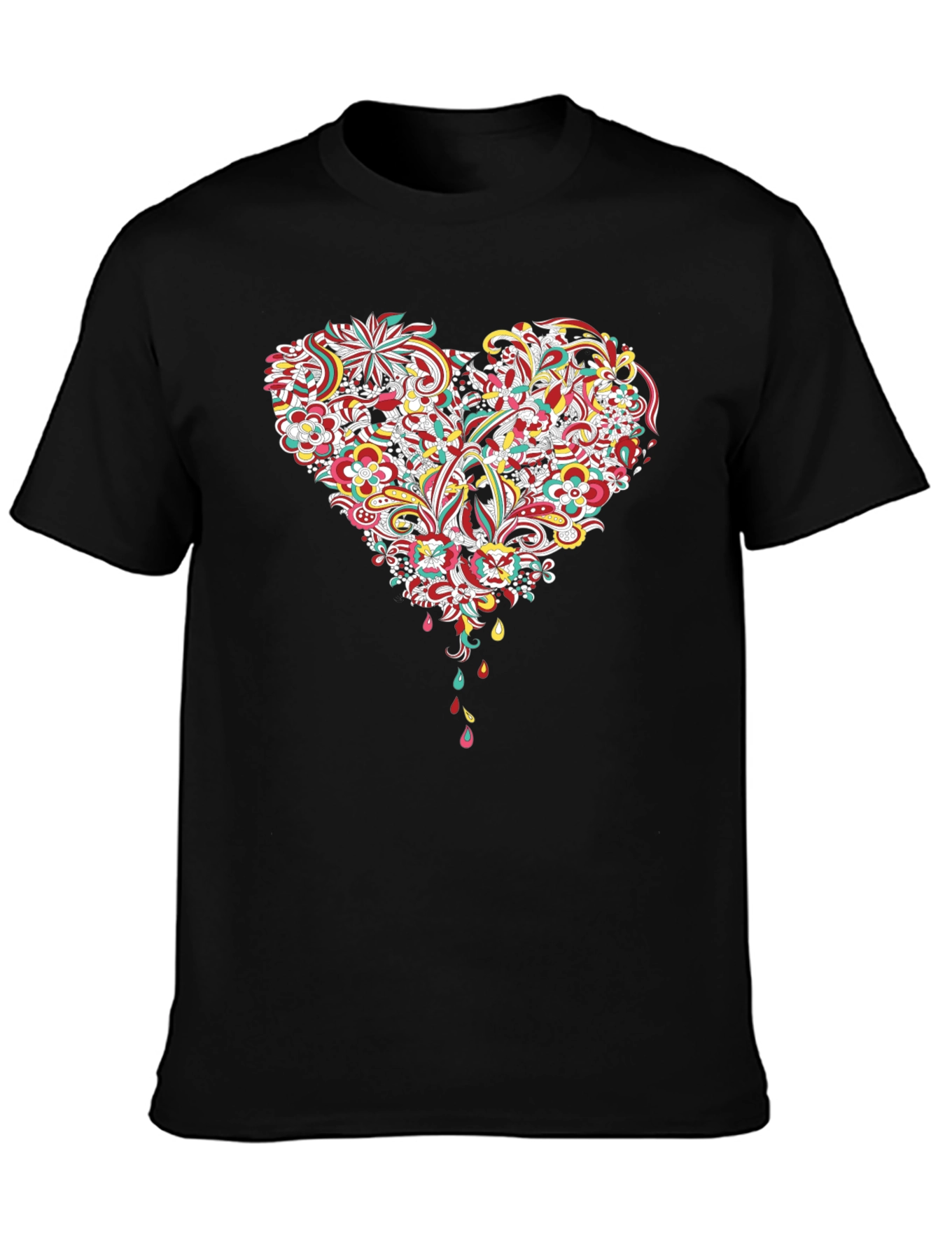 Floral Heart Graphic Tee - Black Cotton T-Shirt