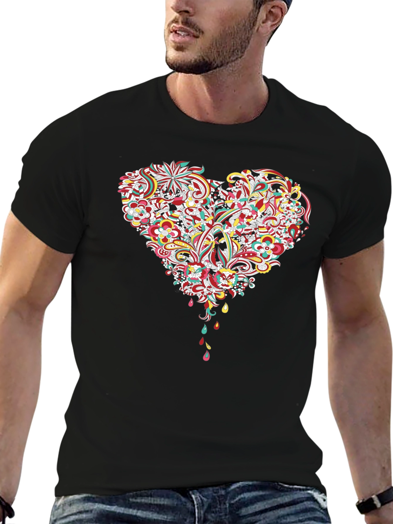 Floral Heart Graphic Tee - Black Cotton T-Shirt