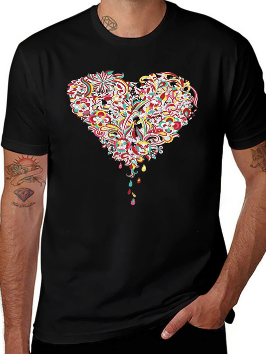 Floral Heart Graphic Tee - Black Cotton T-Shirt
