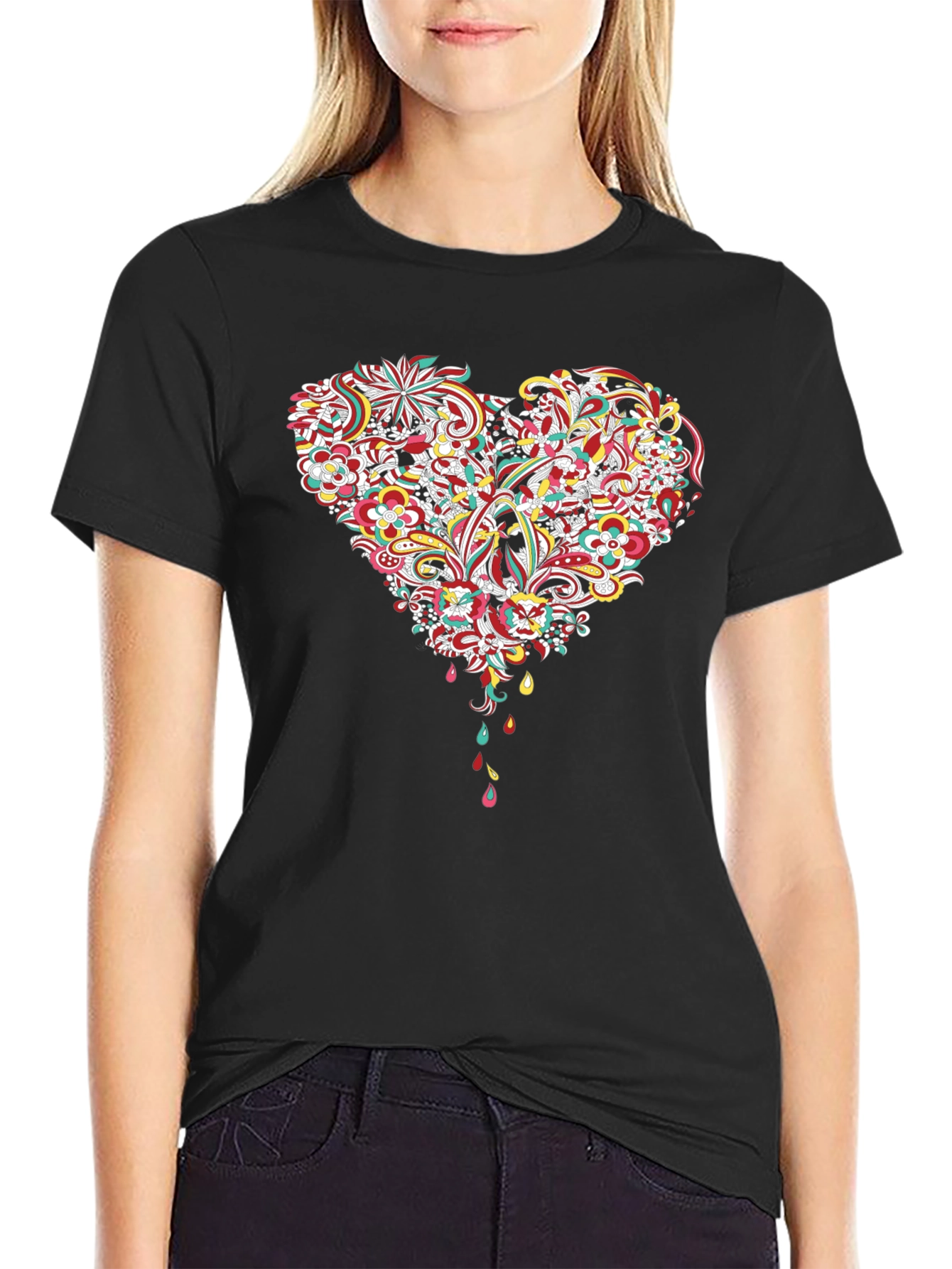 Floral Heart Graphic Tee - Black Cotton T-Shirt