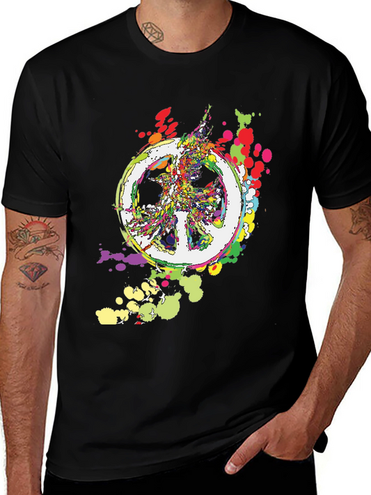 Peace Sign Graphic Black T-Shirt - Colorful Abstract Design