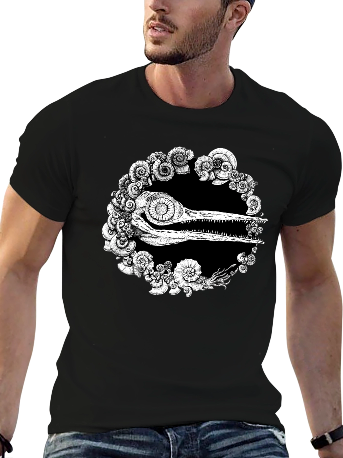Unique Black T-Shirt with Fossil Graphic
