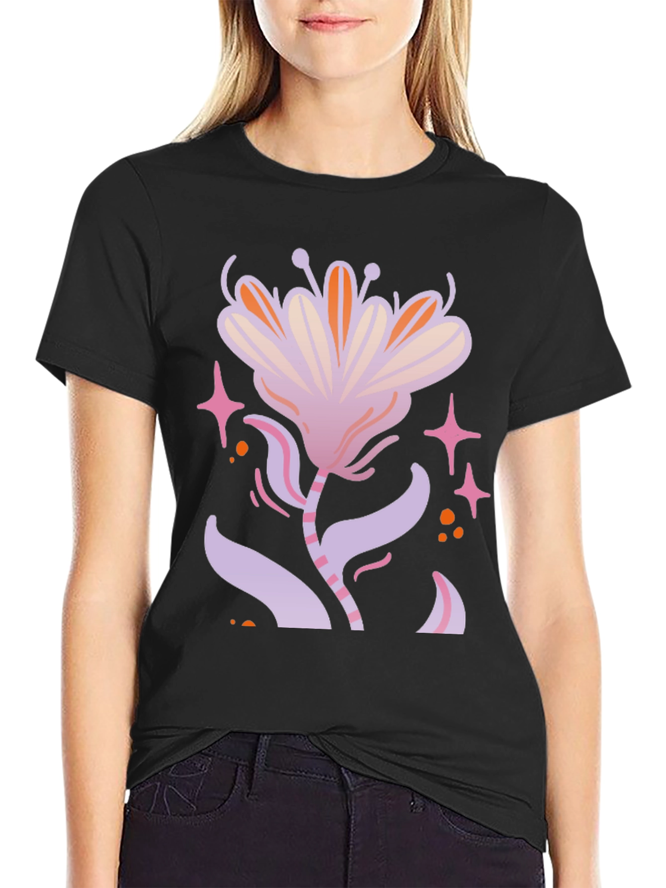 Floral Graphic Print Black T-Shirt