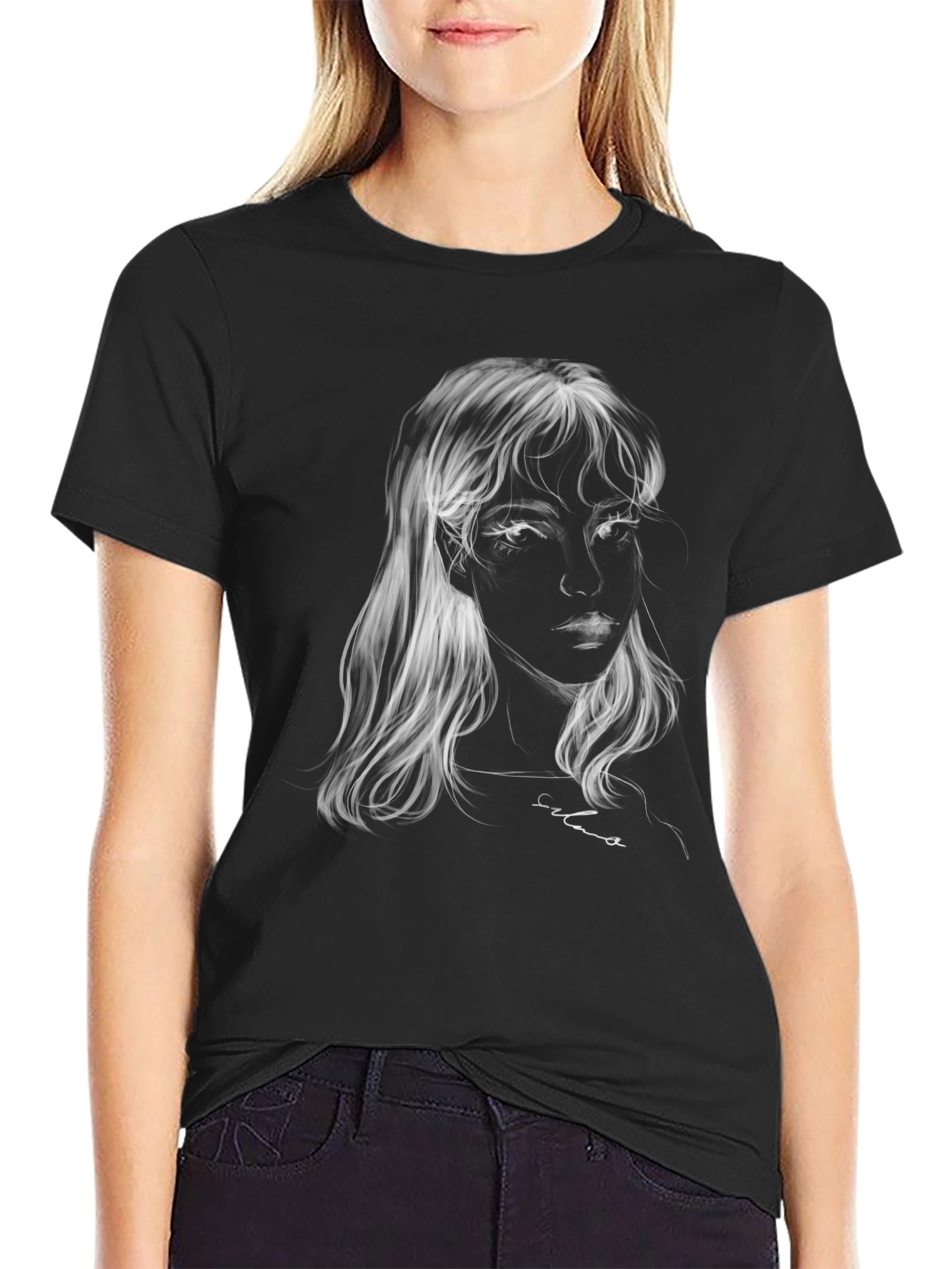 Ethereal Portrait Graphic Tee - Soft Black Cotton