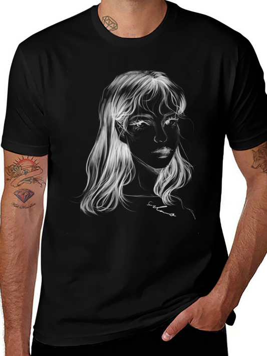 Ethereal Portrait Graphic Tee - Soft Black Cotton