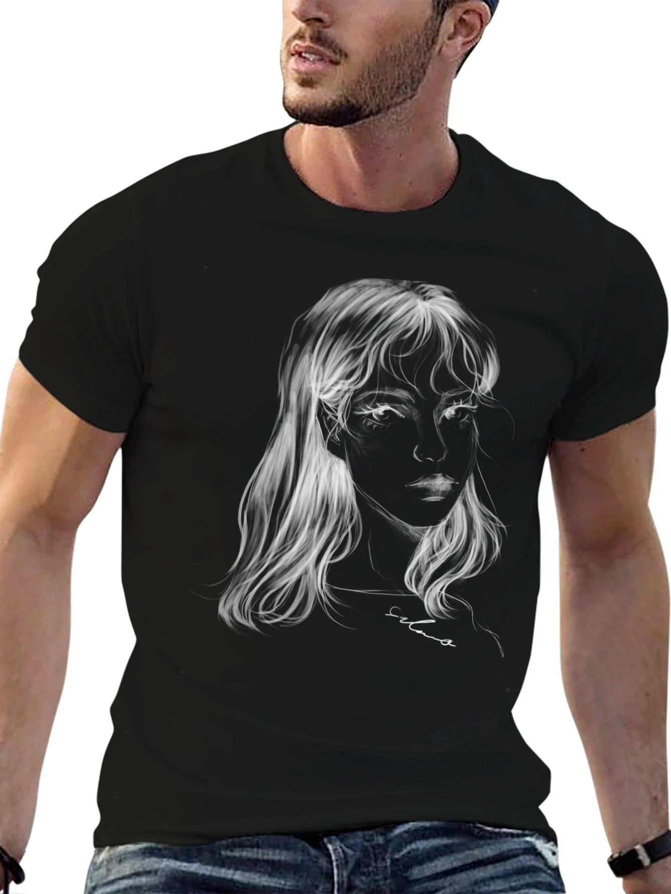 Ethereal Portrait Graphic Tee - Soft Black Cotton