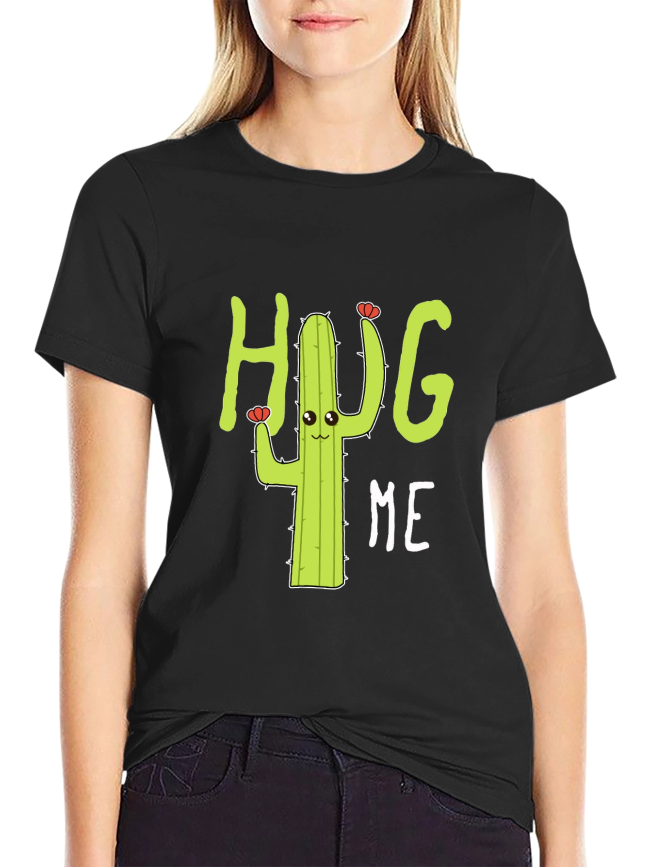 Hug Me Cactus Graphic Tee - Black