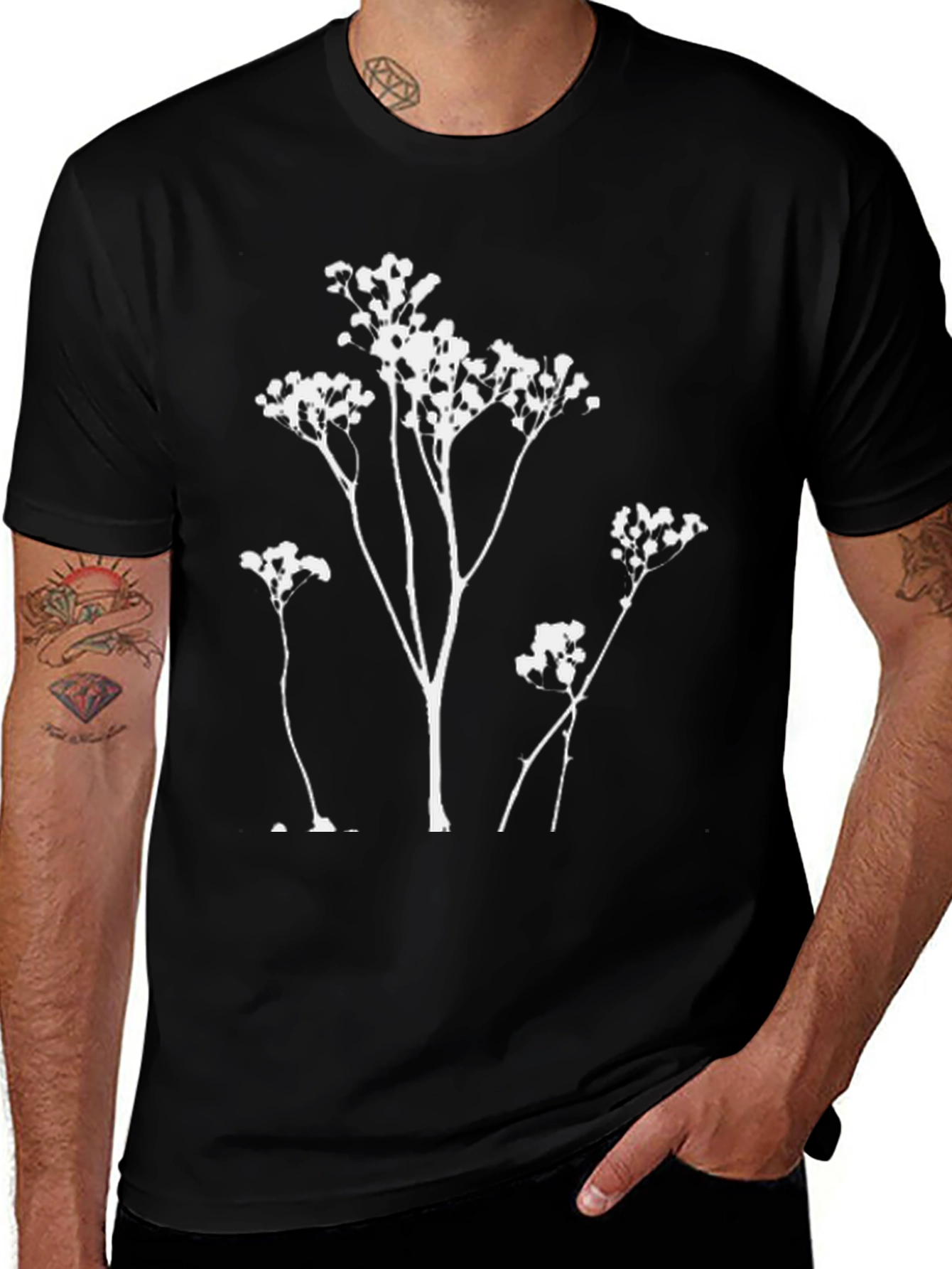 Minimalist Floral Print Black T-Shirt