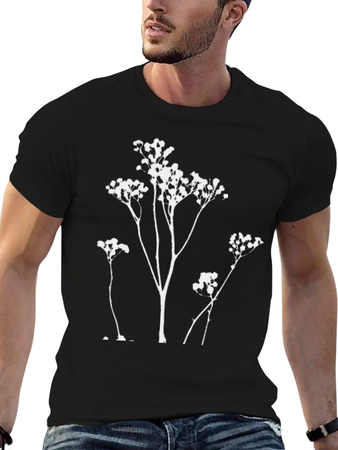 Minimalist Floral Print Black T-Shirt