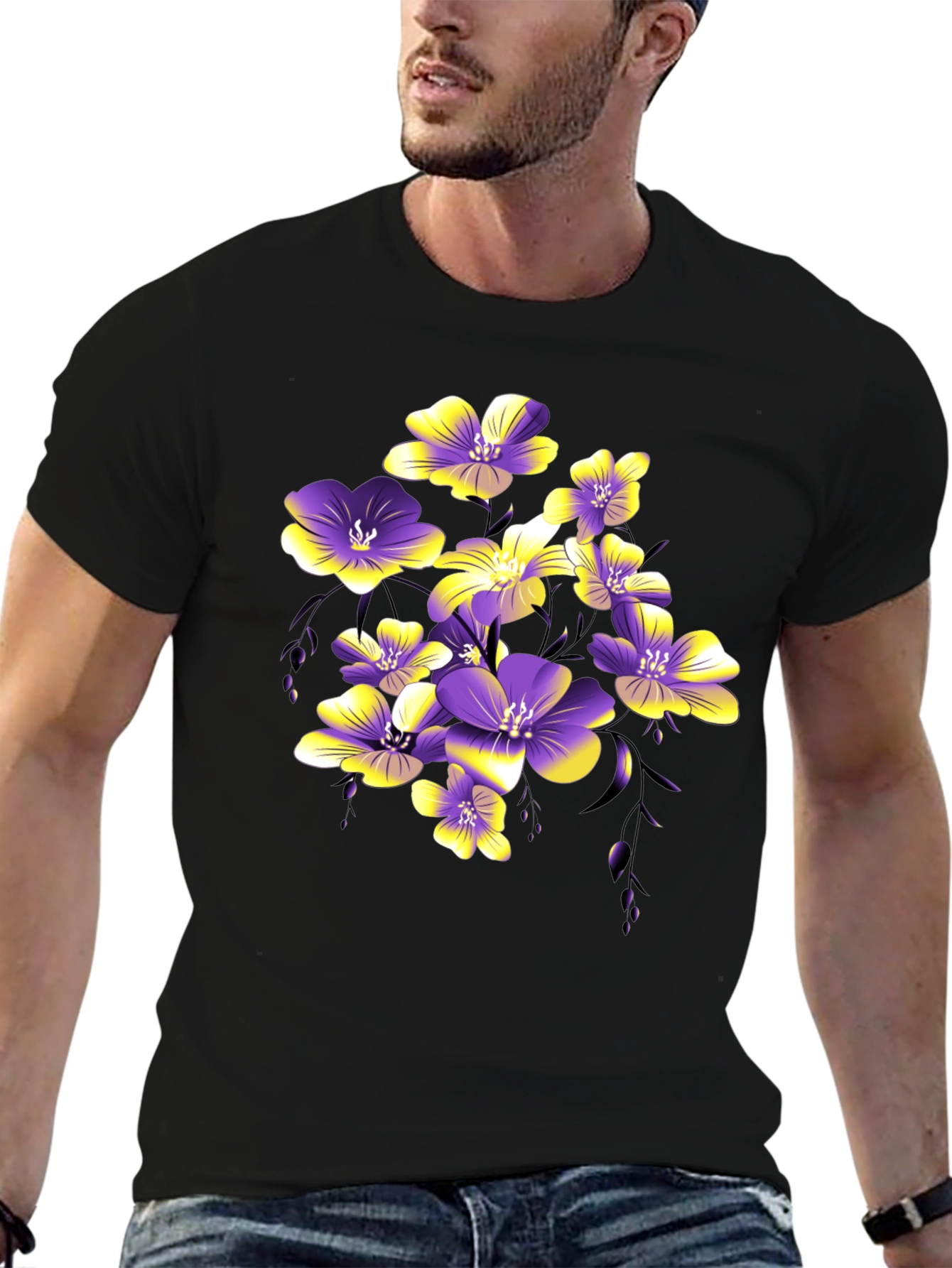 Floral Print Black T-Shirt for Men