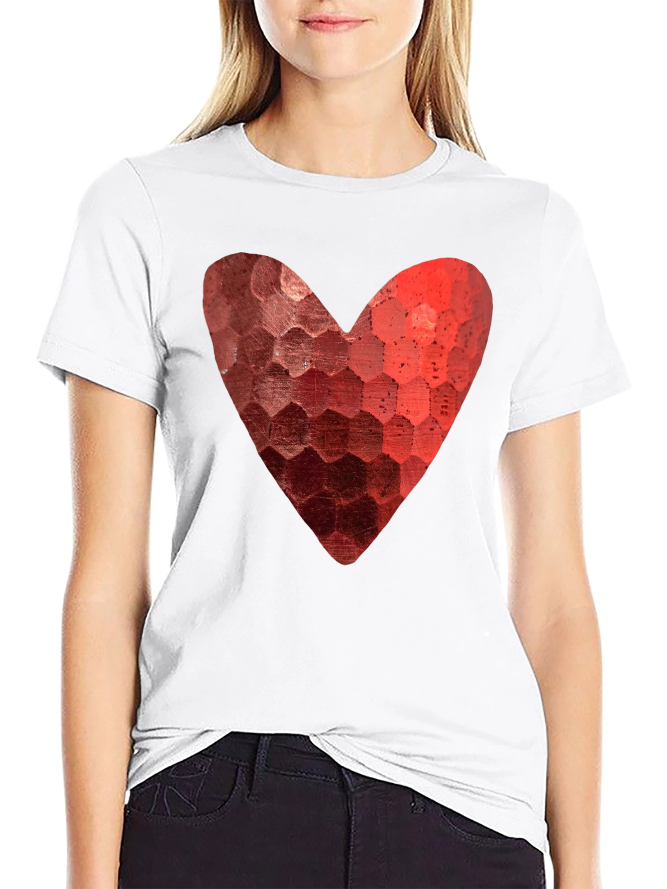 Heart Hexagon Pattern Graphic Tee - Black