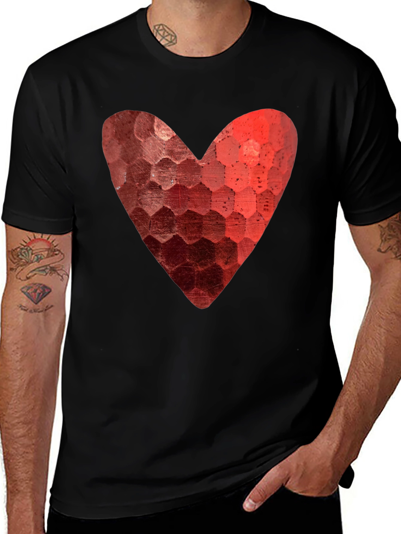 Heart Hexagon Pattern Graphic Tee - Black
