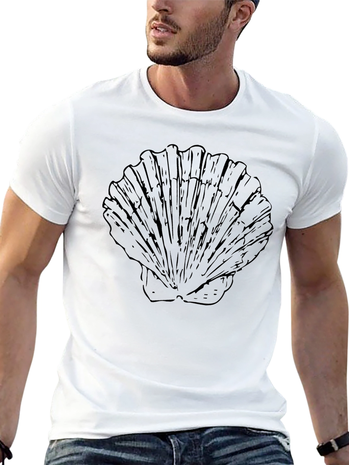 Mens Black T-Shirt with Seashell Graphic