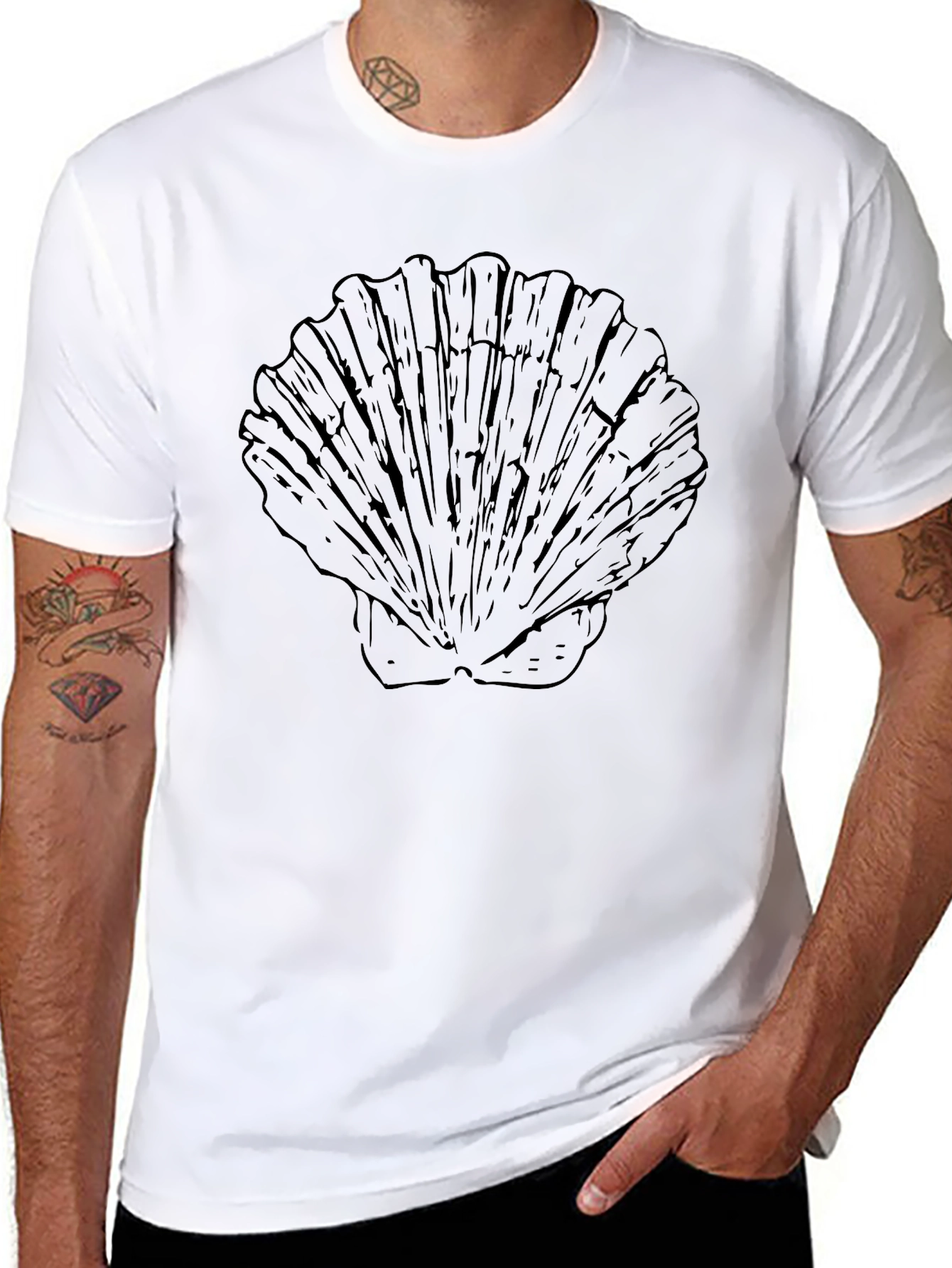 Mens Black T-Shirt with Seashell Graphic