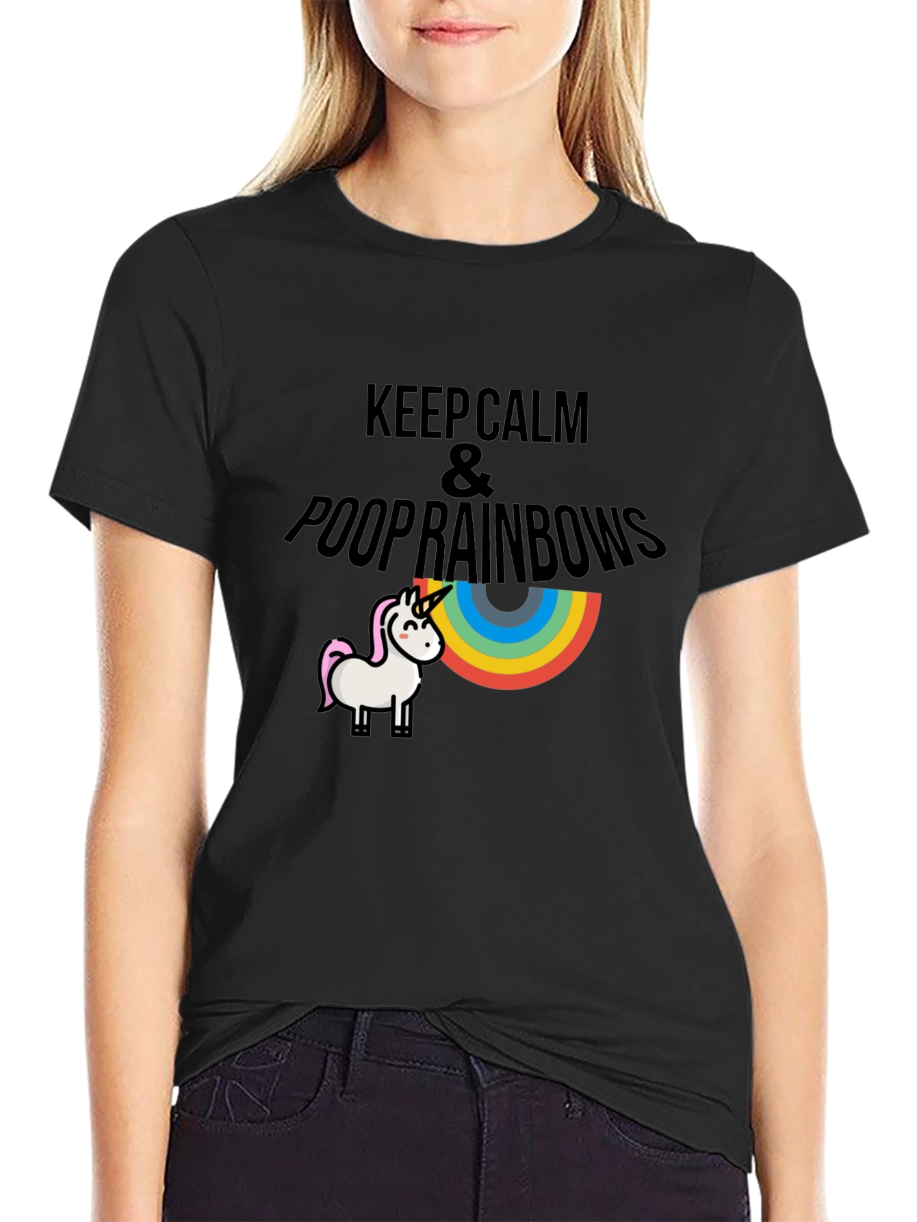 Keep Calm & Poop Rainbows Black T-Shirt
