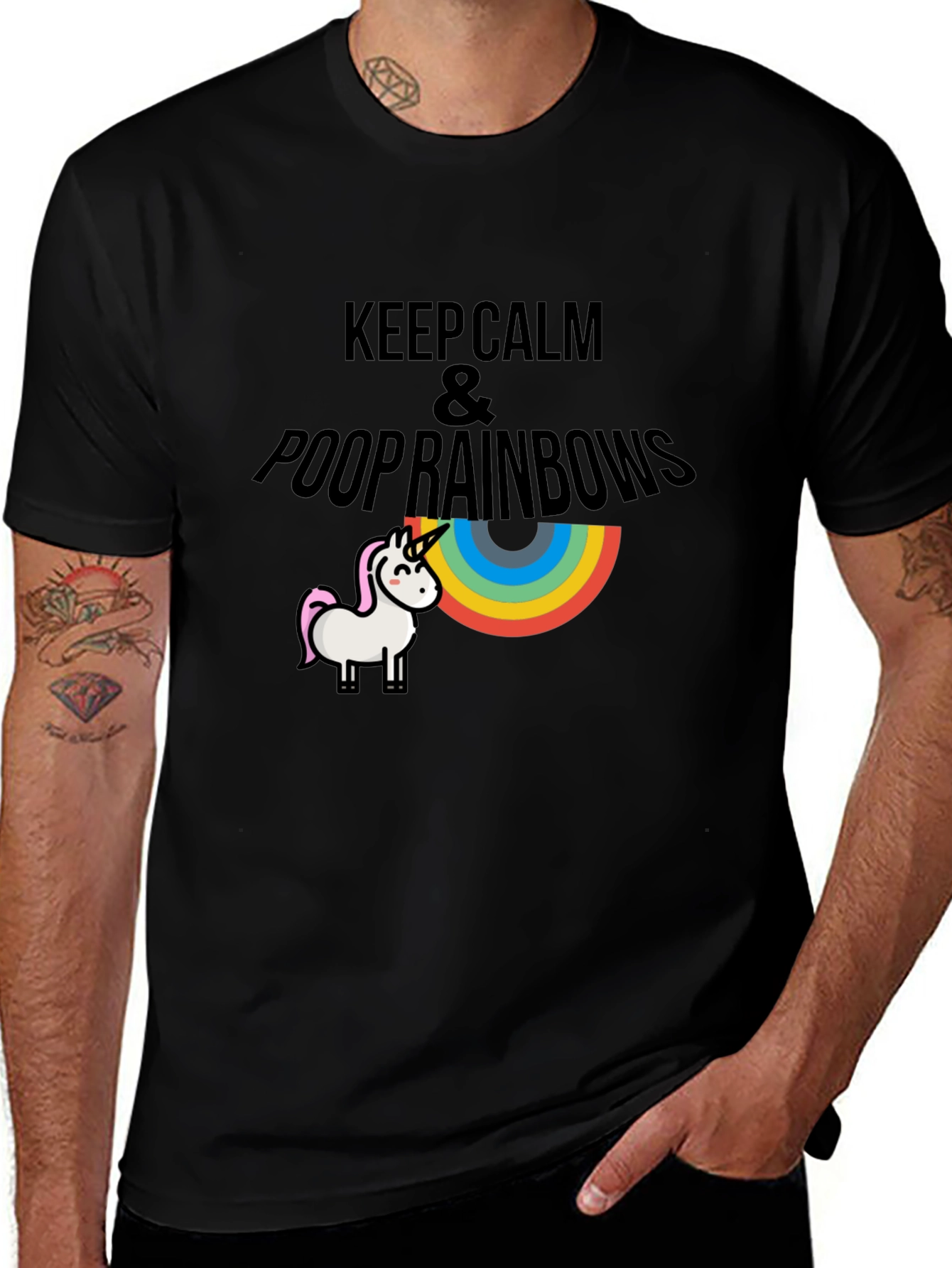 Keep Calm & Poop Rainbows Black T-Shirt