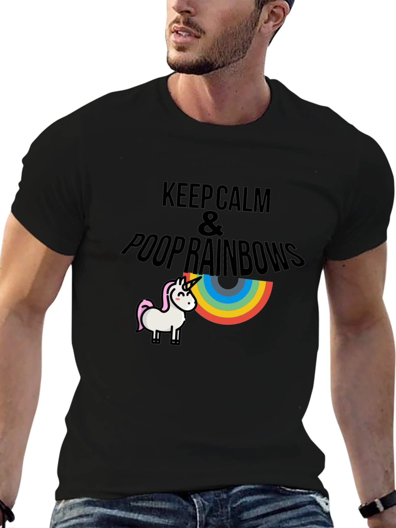 Keep Calm & Poop Rainbows Black T-Shirt