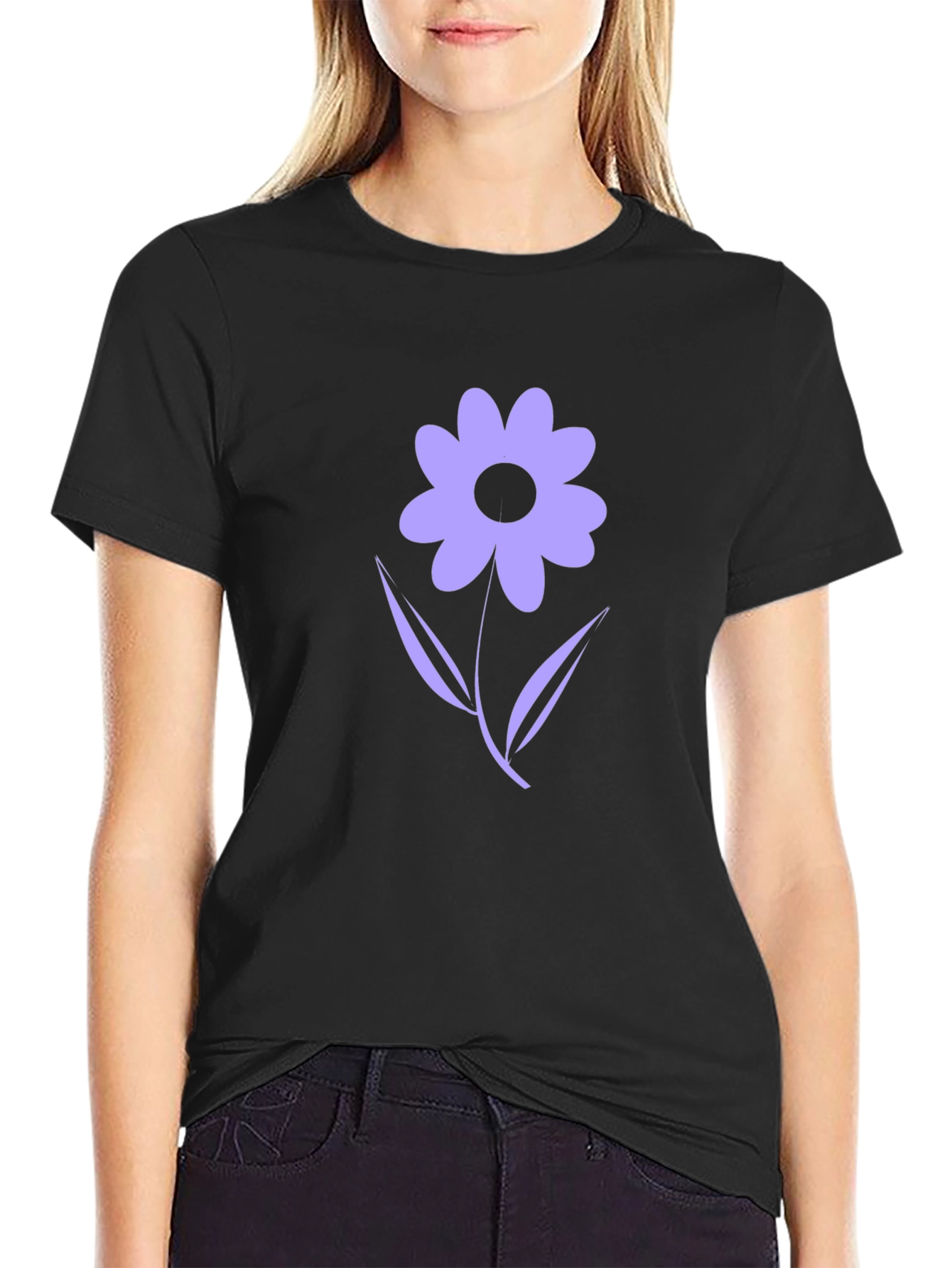 Black T-Shirt with Purple Flower Graphic