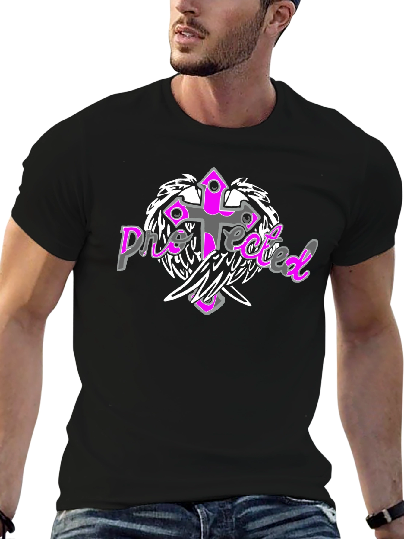 Protected Cross Graphic Tee - Stylish Black Shirt