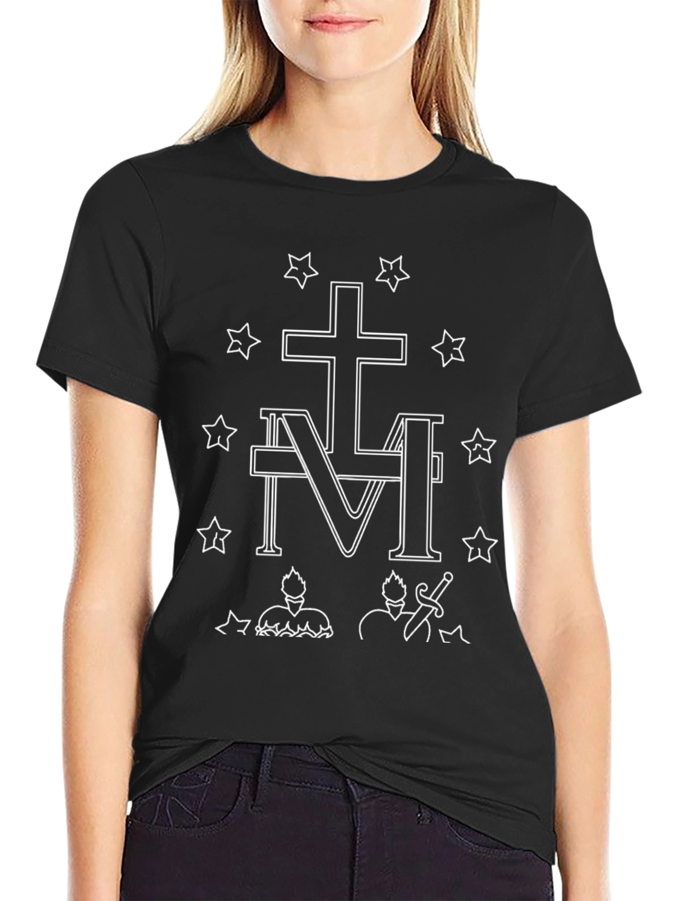 Black T-Shirt with Religious Graphic Design