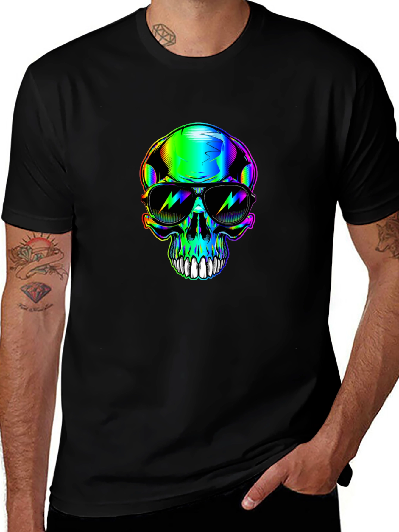 Rainbow Skull Sunglasses Graphic Black T-Shirt