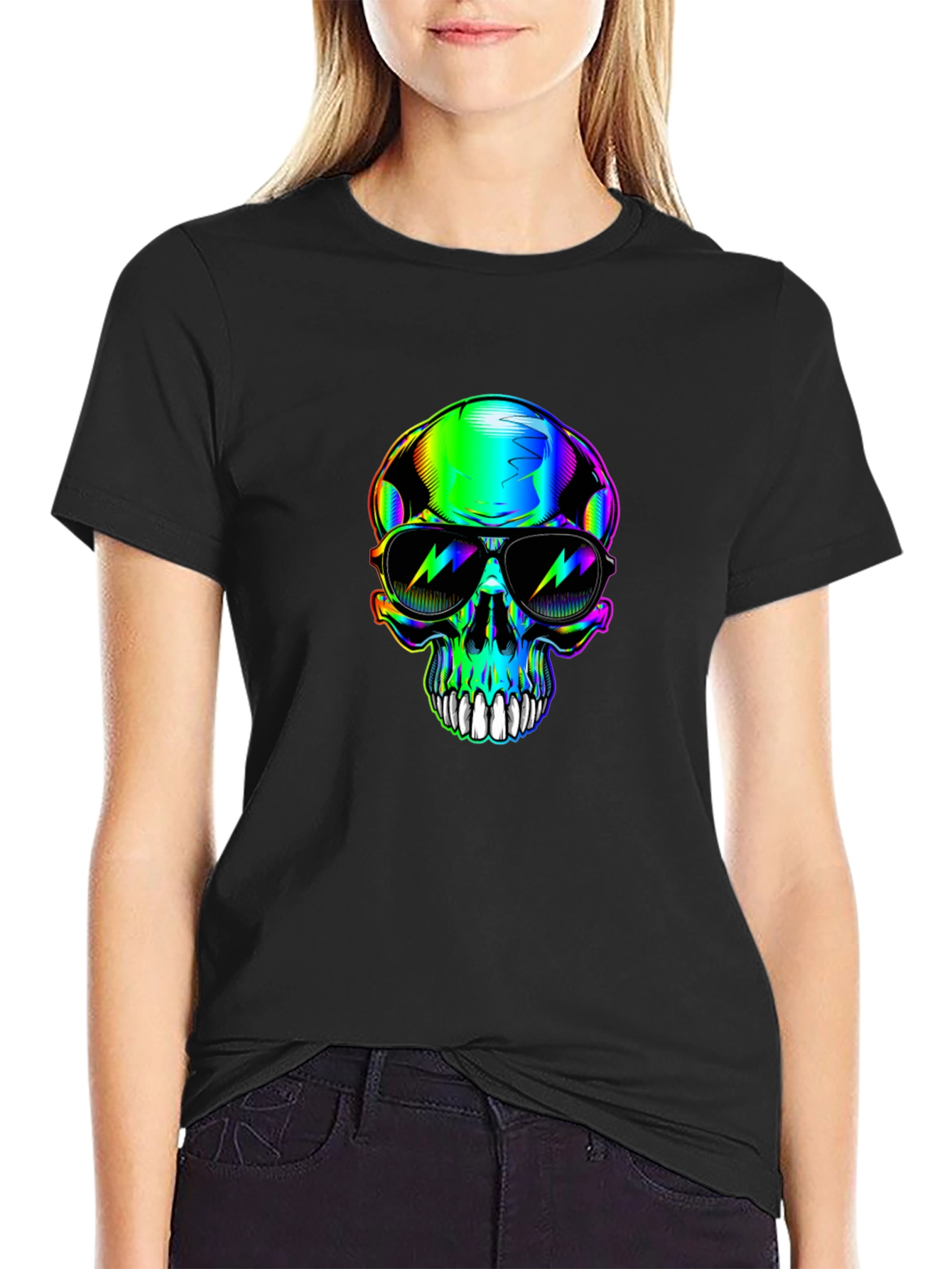 Rainbow Skull Sunglasses Graphic Black T-Shirt
