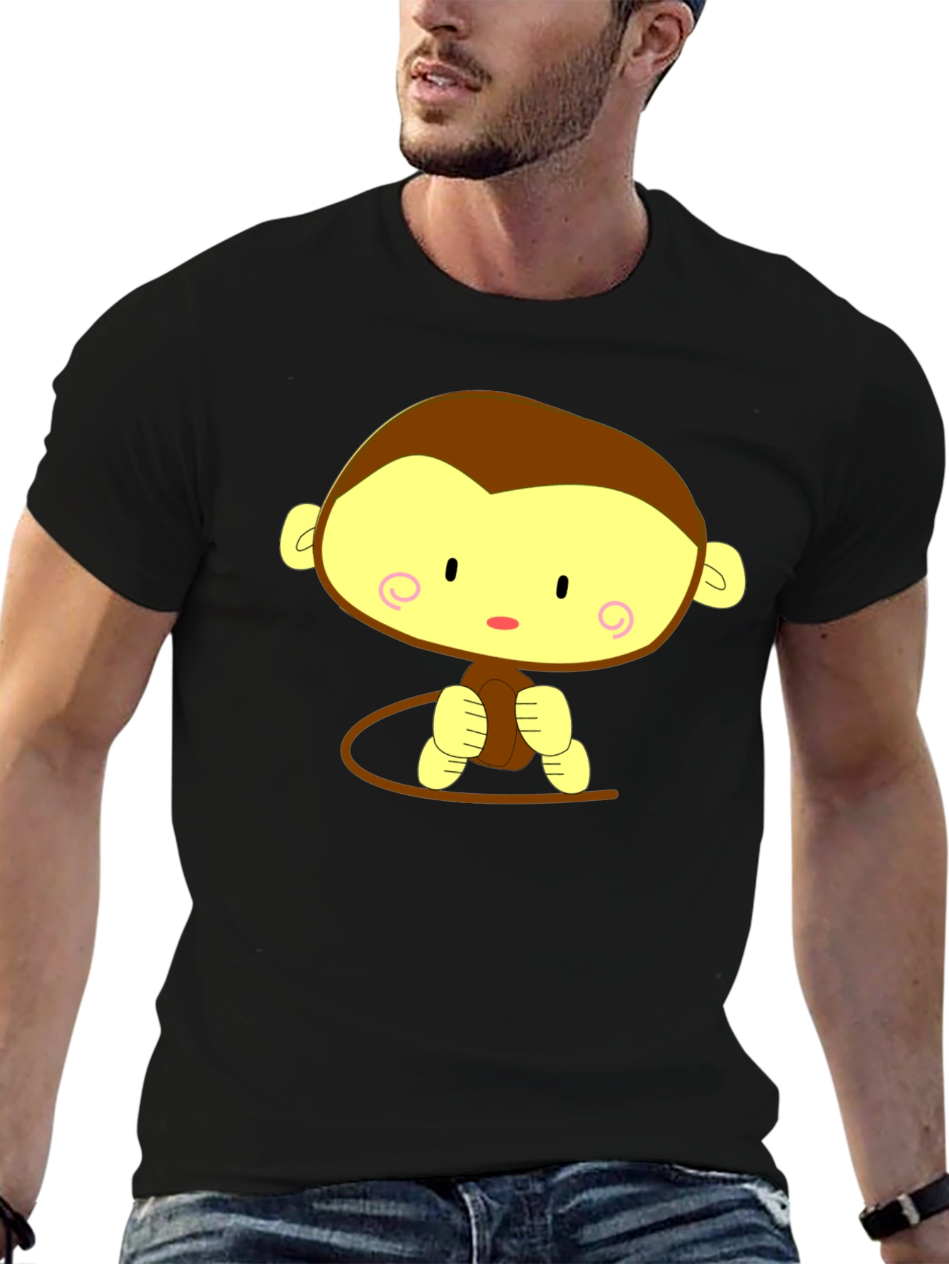 Cute Cartoon Monkey Graphic Tee - Unisex Black T-Shirt