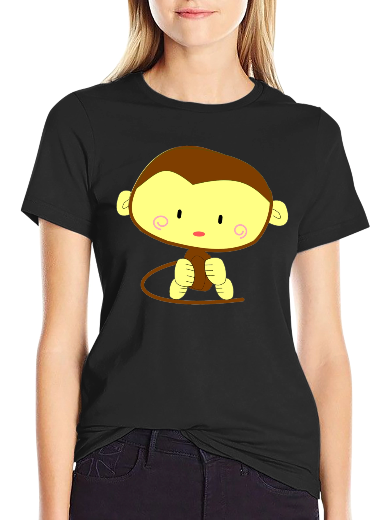 Cute Cartoon Monkey Graphic Tee - Unisex Black T-Shirt