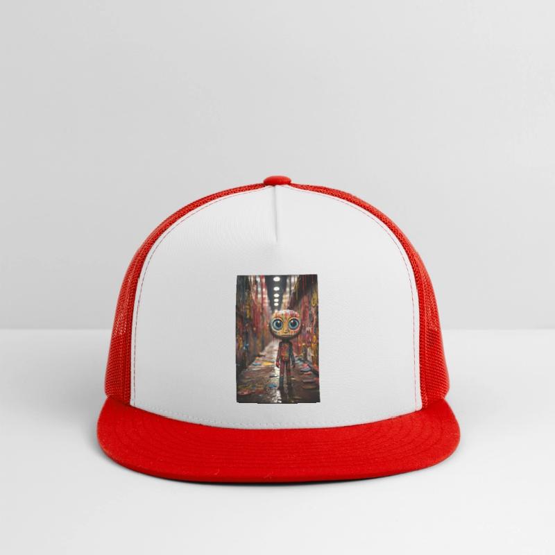 Cartoon Alley: Plastic Figure Amidst Vibrant Graff