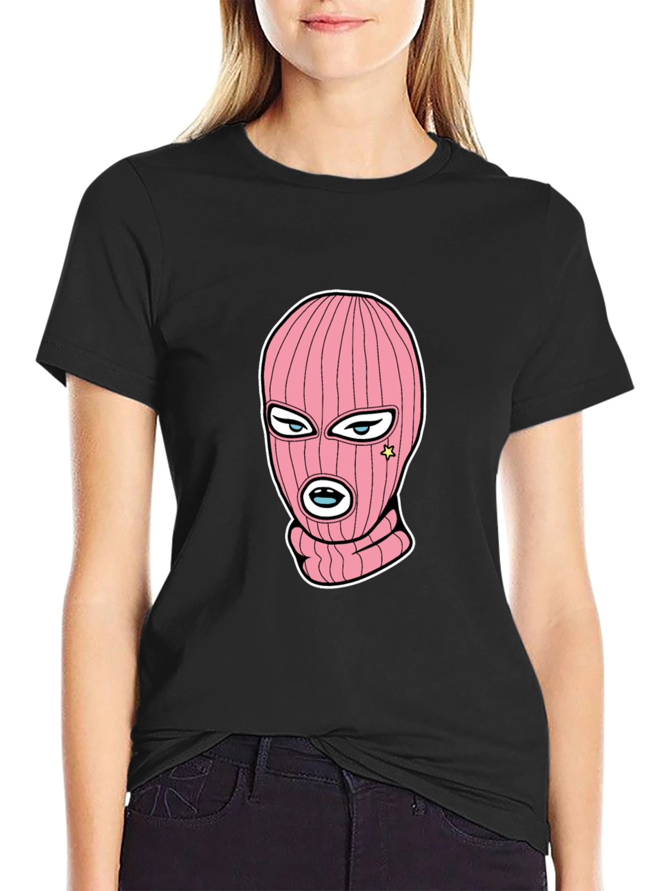Black Tee with Pink Ski Mask Graphic