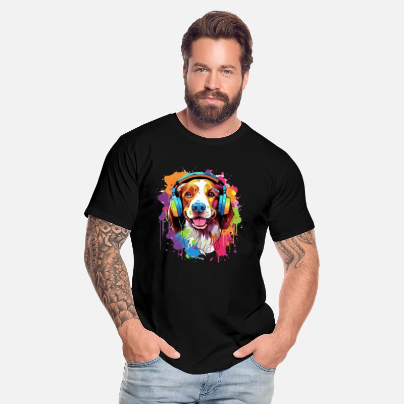 Colorful Brittany dog with headphones