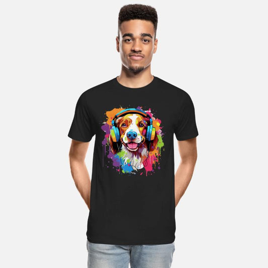 Colorful Brittany dog with headphones