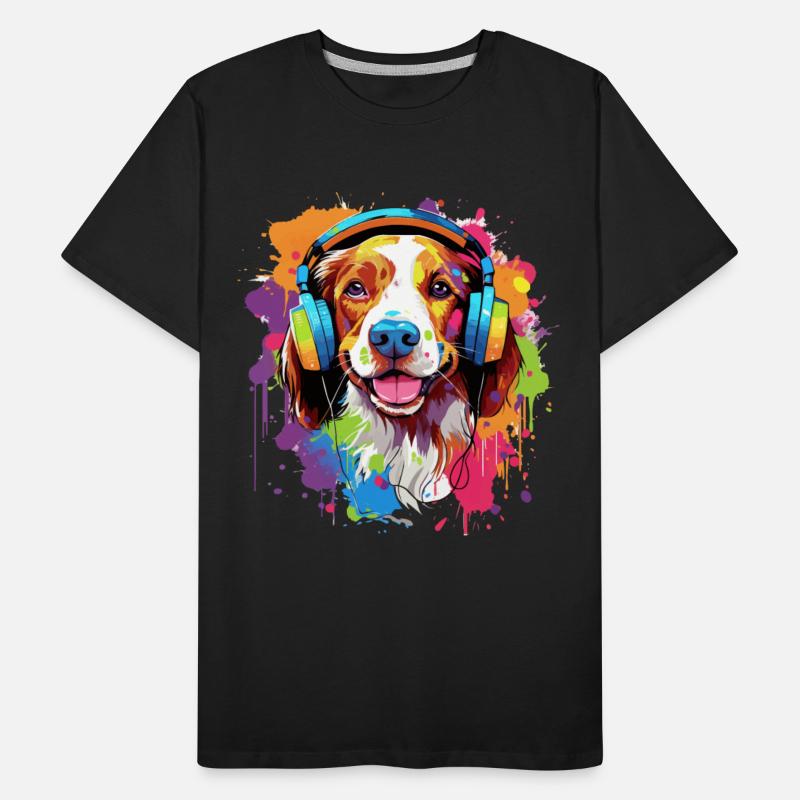 Colorful Brittany dog with headphones