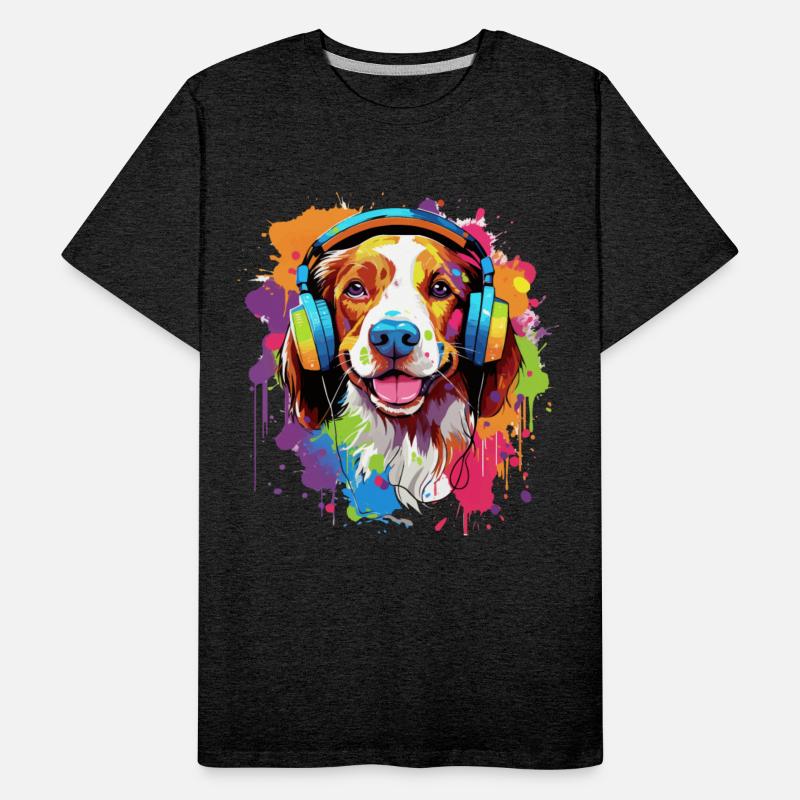 Colorful Brittany dog with headphones