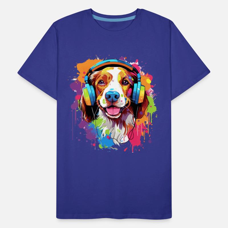 Colorful Brittany dog with headphones