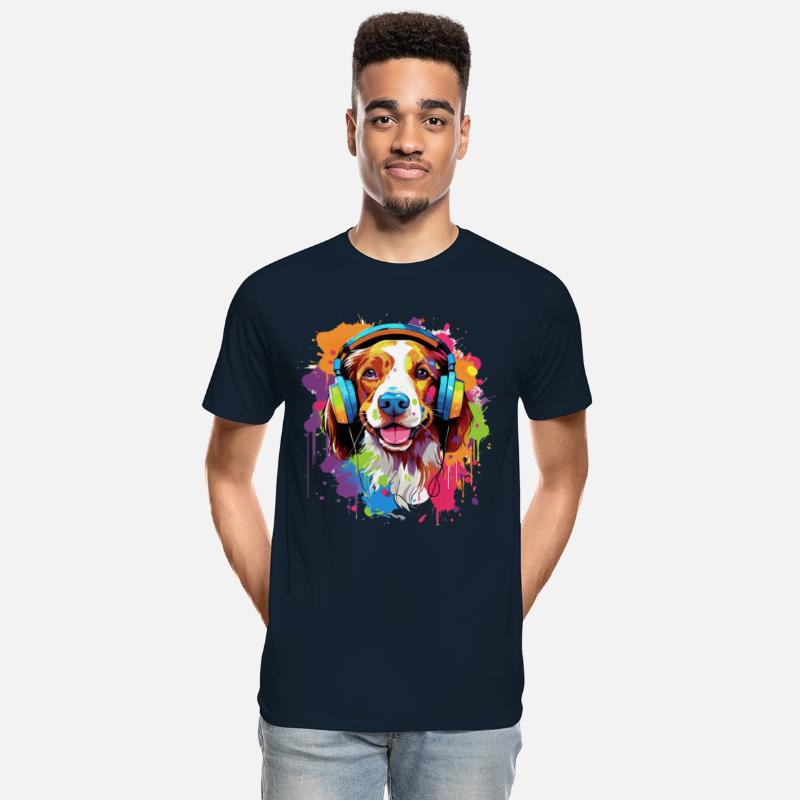 Colorful Brittany dog with headphones