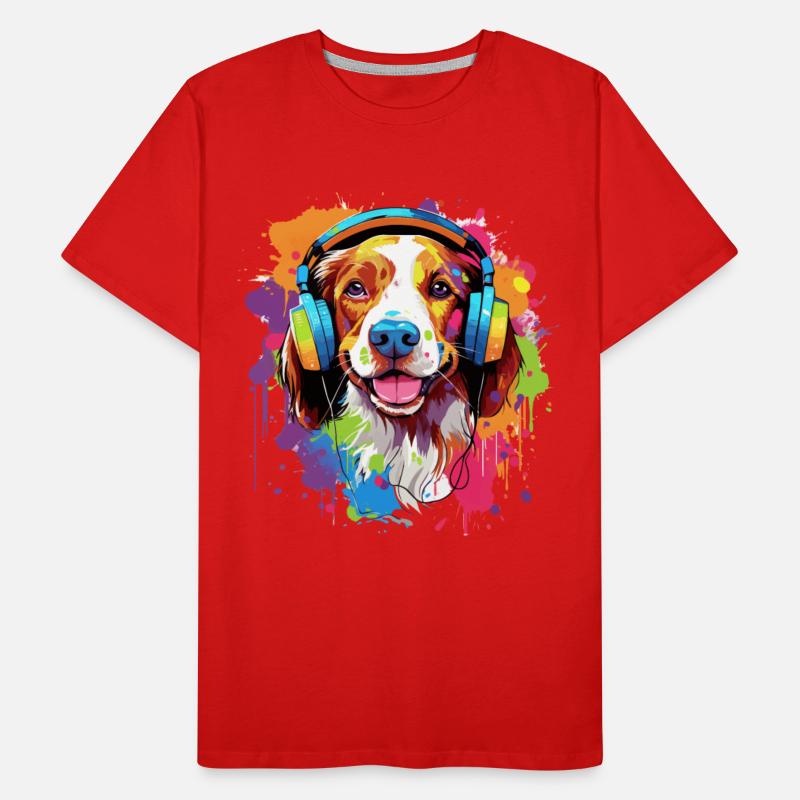 Colorful Brittany dog with headphones