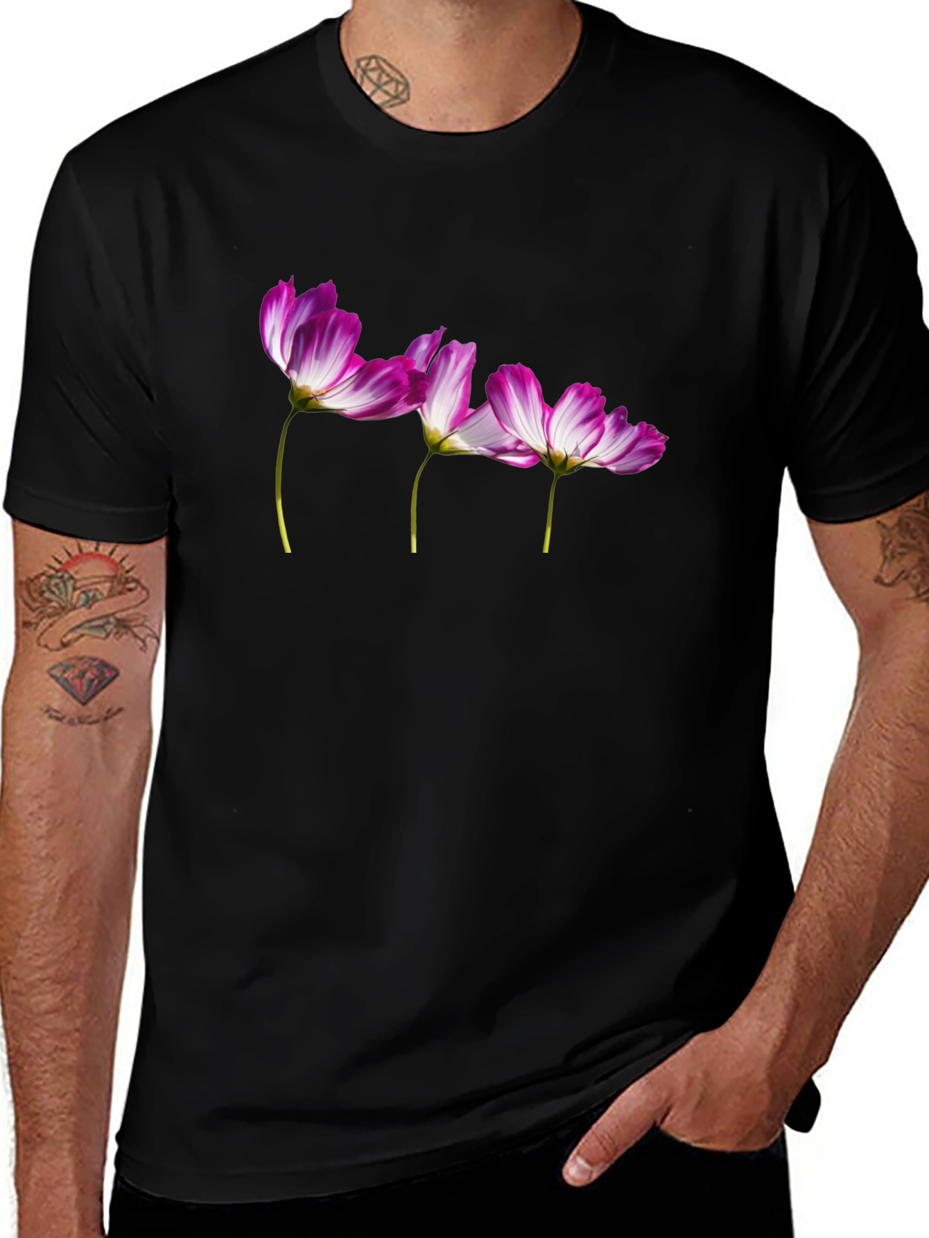 Floral Print T-Shirt - Black Casual Tee