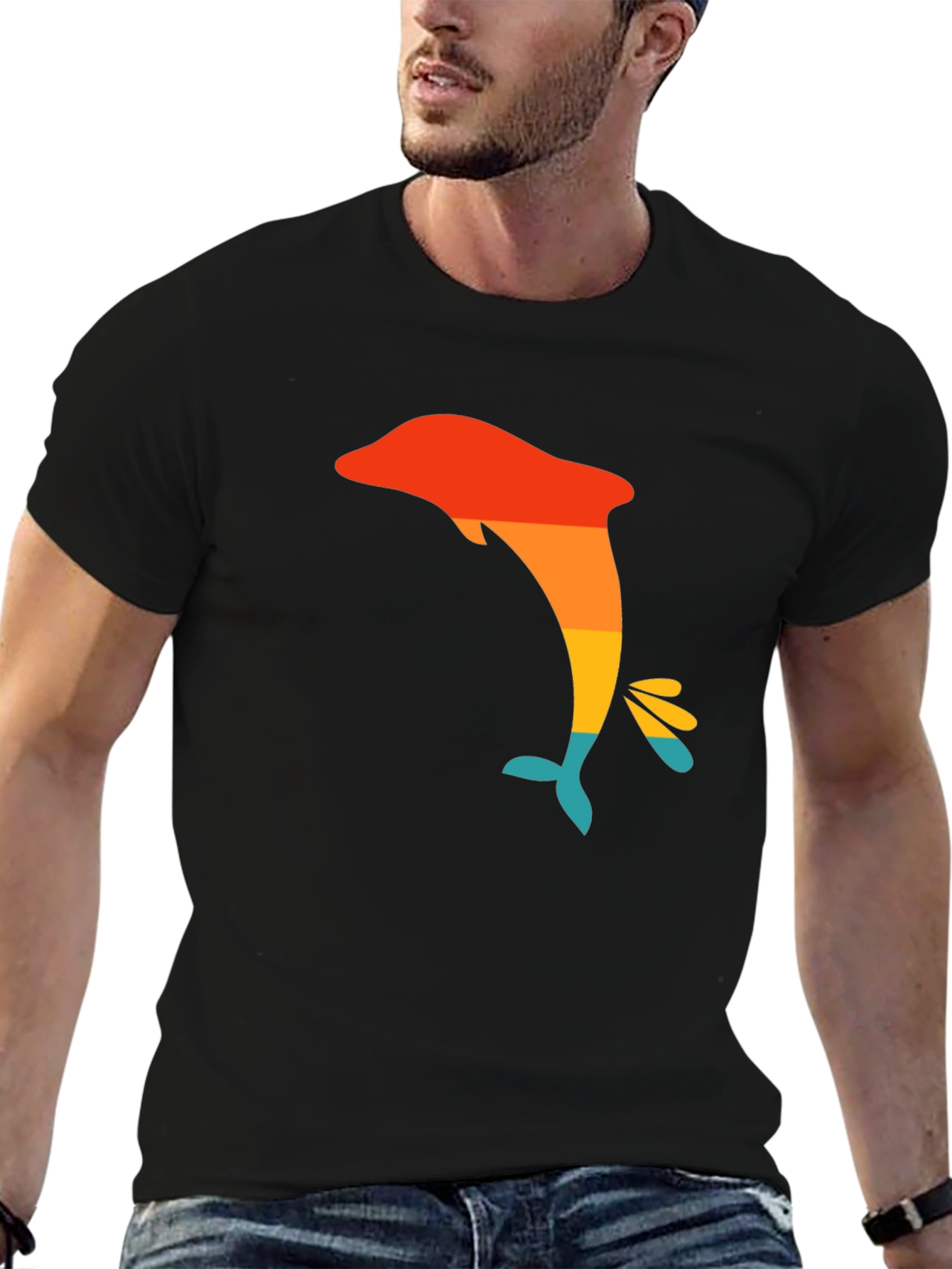 Retro Dolphin Graphic Tee - Black Casual T-Shirt
